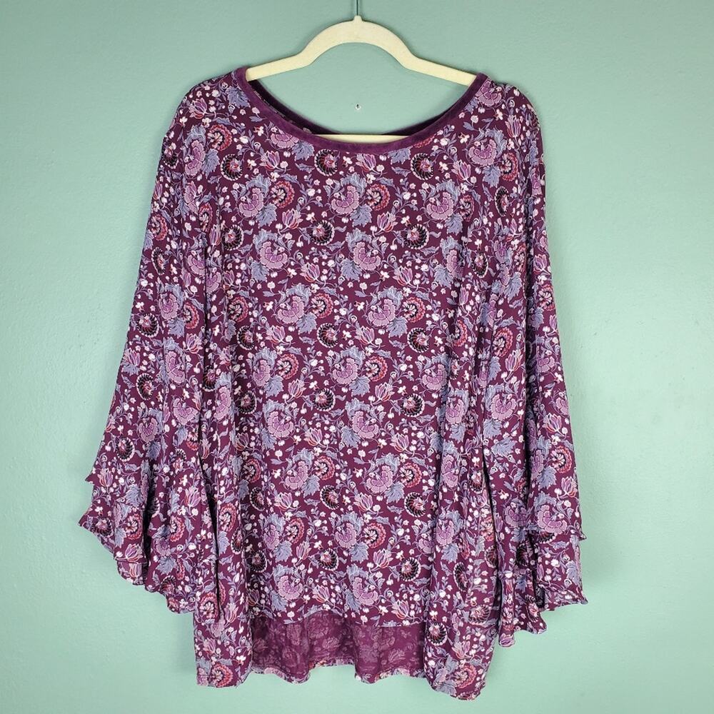 Ann Taylor Loft Women's Purple Dahlia Velvet Trim Bell Sleeve Top Size XXL